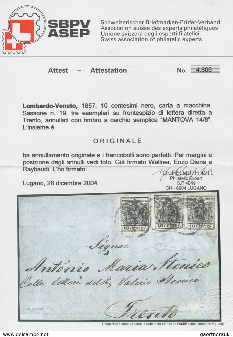 Österreich - Lombardei Und Venetien: 1857, 3 X 10 C Schwarz, Maschinenpapier, Alle Marken Vollrandig - Lombardije-Venetië