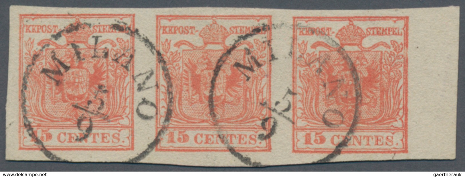 Österreich - Lombardei Und Venetien: 1850, 15 C. Rot Im Waagerechten 3er-Streifen Vom Rechten Bogenr - Lombardo-Vénétie