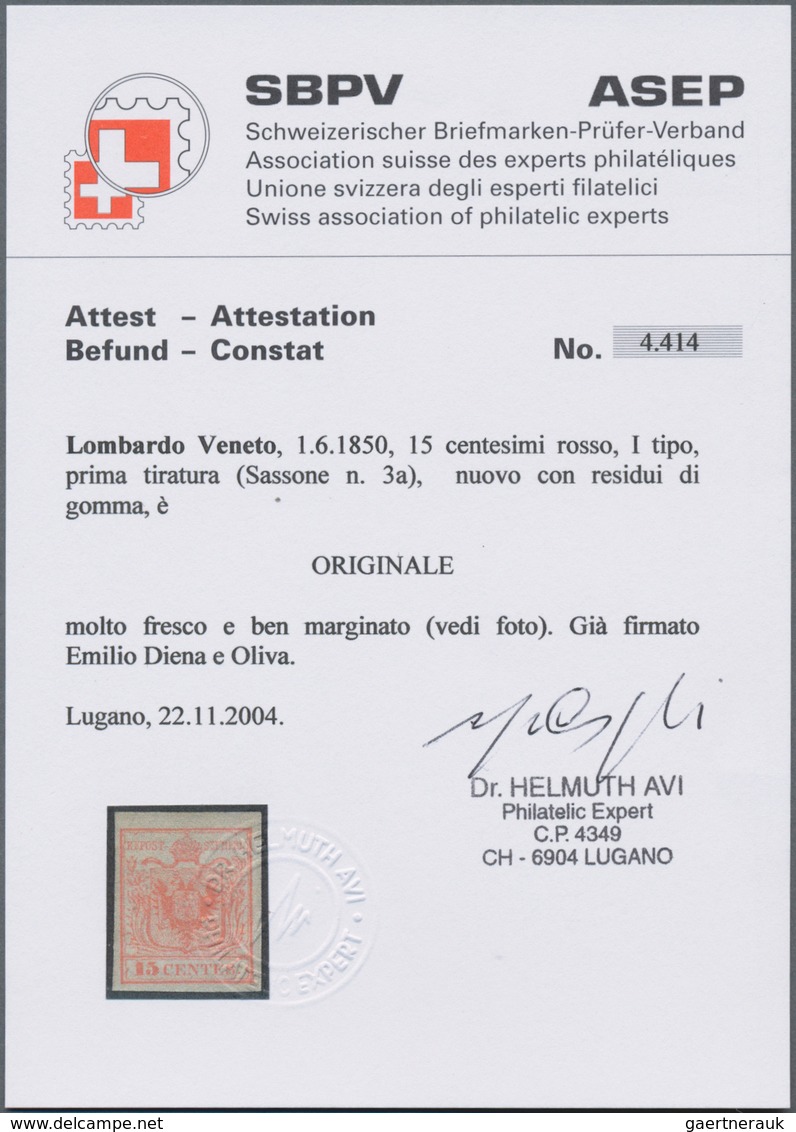 Österreich - Lombardei Und Venetien: 1850, 15 Centes Rosakarmin Type I Handpapier Ungebraucht Mit Re - Lombardije-Venetië