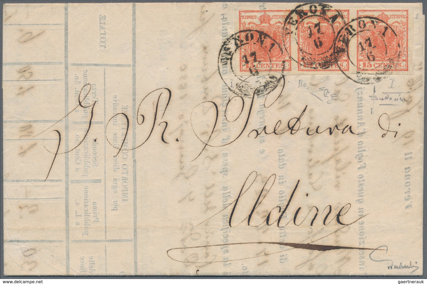 Österreich - Lombardei Und Venetien: 1850, 15 Cent. Dkl.- Tiefzinnoberrot Im Waager. Misch-Dreier-St - Lombardy-Venetia