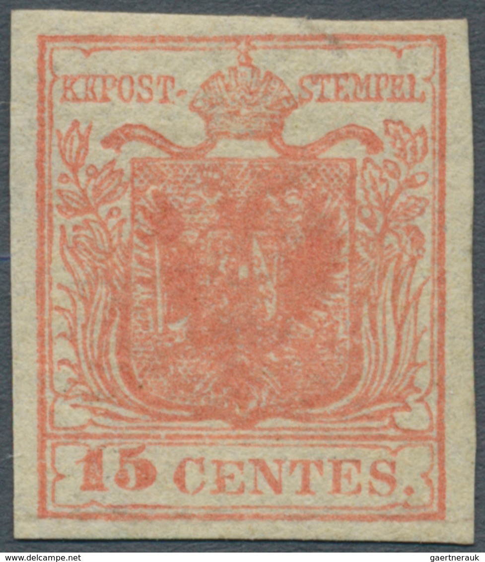 Österreich - Lombardei Und Venetien: 1854, 15 Cent. Rot Vollrandig Ungebraucht, Restgummi, Oben Schr - Lombardo-Venetien