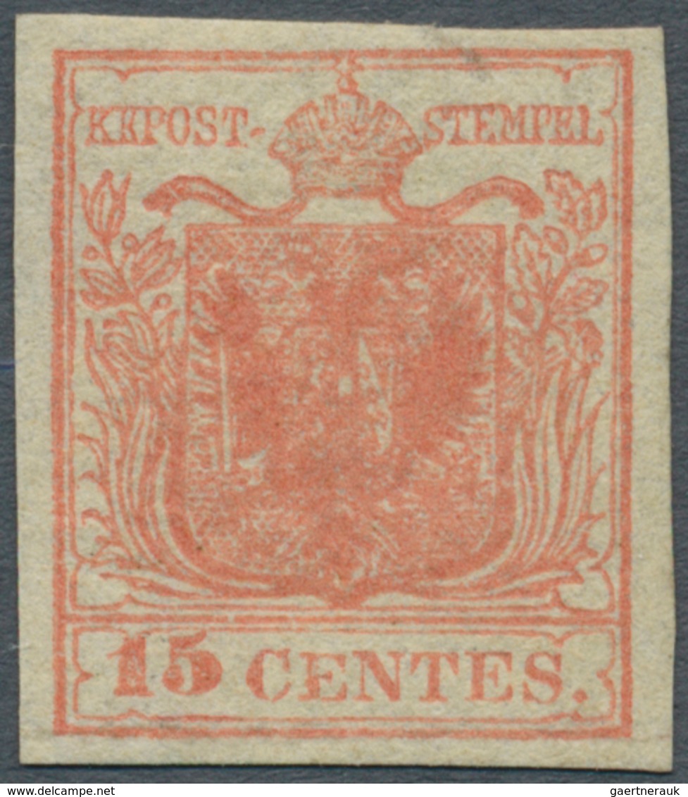 Österreich - Lombardei Und Venetien: 1854, 15 Cent. Rot Vollrandig Ungebraucht, Restgummi, Oben Schr - Lombardije-Venetië