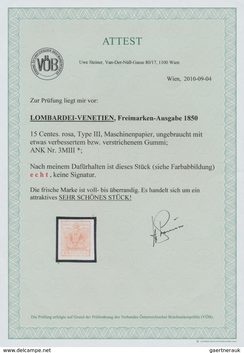 Österreich - Lombardei Und Venetien: 1850, 15 Cent. Rosa, Maschinenpapier, Type III, Ungebraucht Mit - Lombardije-Venetië