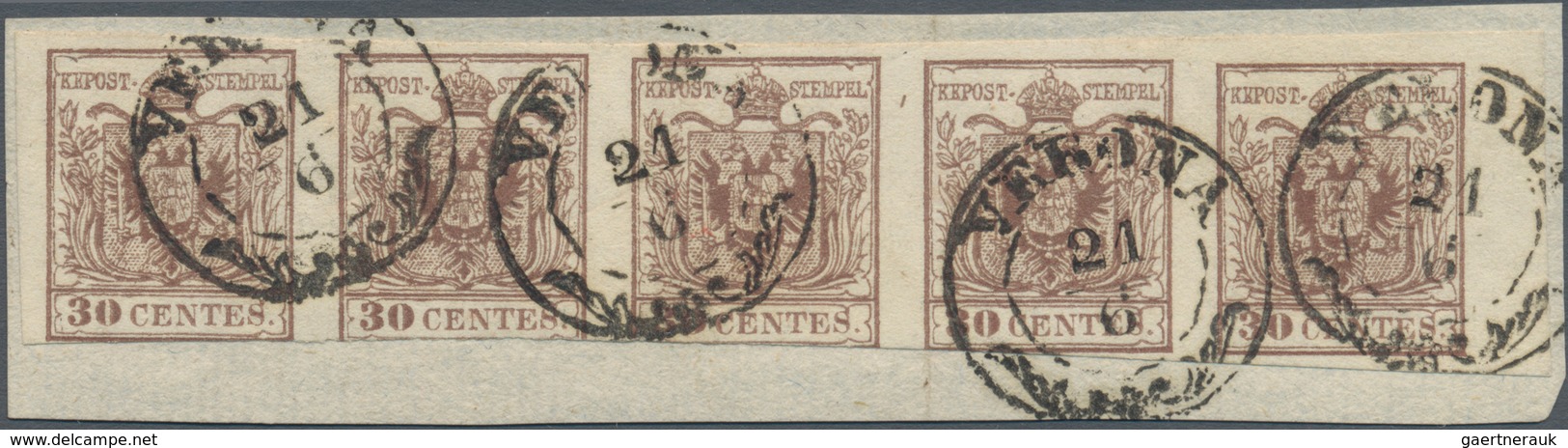Österreich - Lombardei Und Venetien: 1850, 30 Cent. Braun Im Waager. 5er-Streifen, Entwertet Mit K2- - Lombardy-Venetia