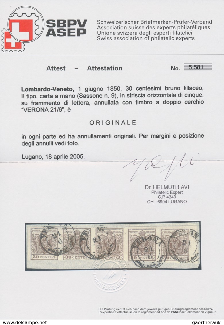 Österreich - Lombardei Und Venetien: 1850, 30 Cent. Braun Im Waager. 5er-Streifen, Entwertet Mit K2- - Lombardy-Venetia