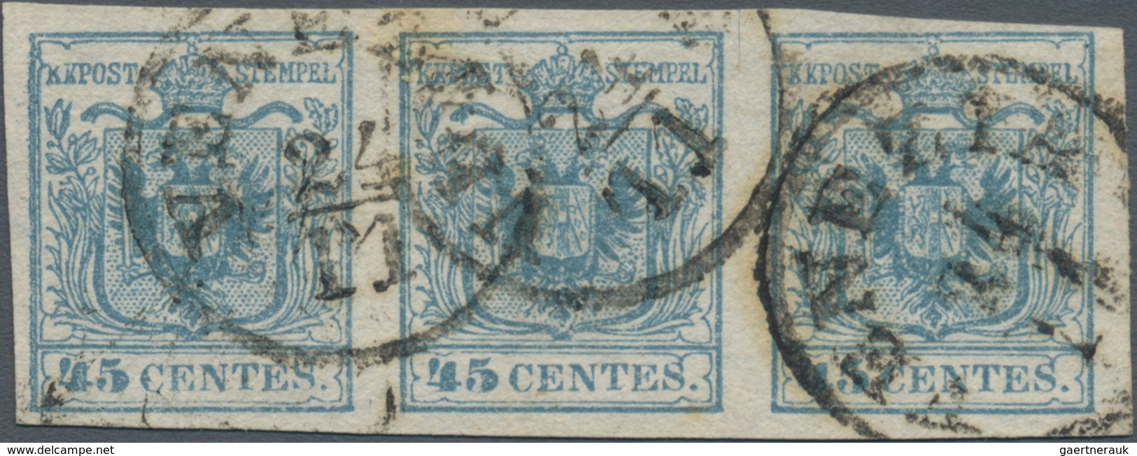 Österreich - Lombardei Und Venetien: 1850, 45 C Blau Type II Im Waager. 3er-Streifen Entwertet Mit K - Lombardy-Venetia