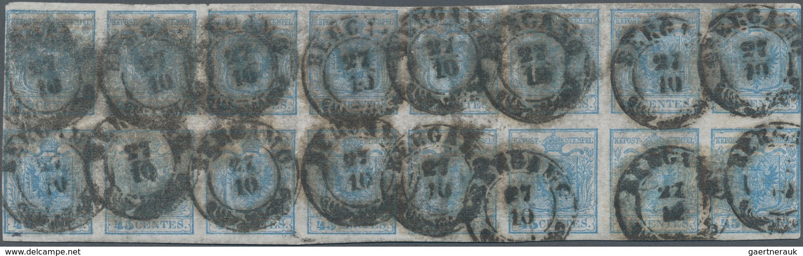 Österreich - Lombardei Und Venetien: 1850, 45 C. Blau, Handpapier, WAAGERECHTER 16ER-BLOCK, Rechts E - Lombardije-Venetië