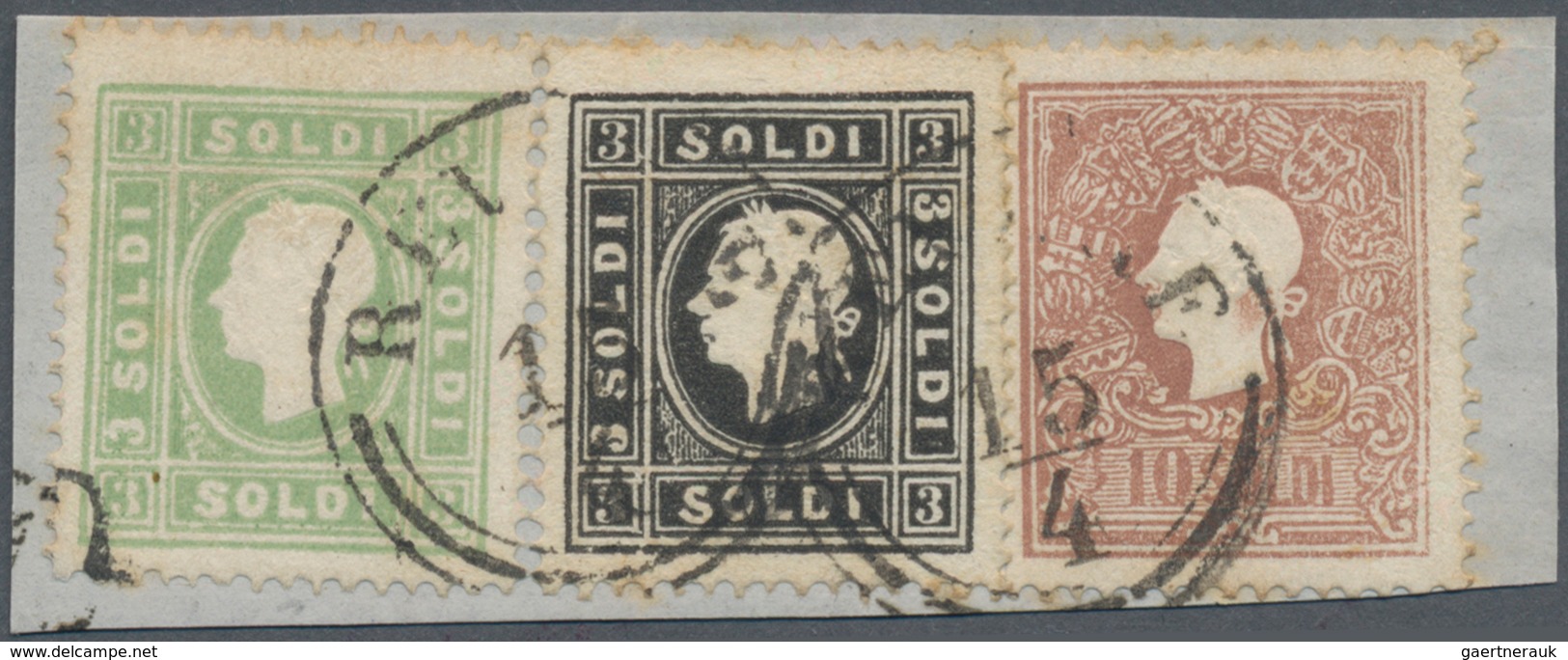 Österreich - Lombardei Und Venetien: 1858/1859, 3 So Schwarz Zusammen Mit 3 So Grün Und 10 So Lilabr - Lombardije-Venetië