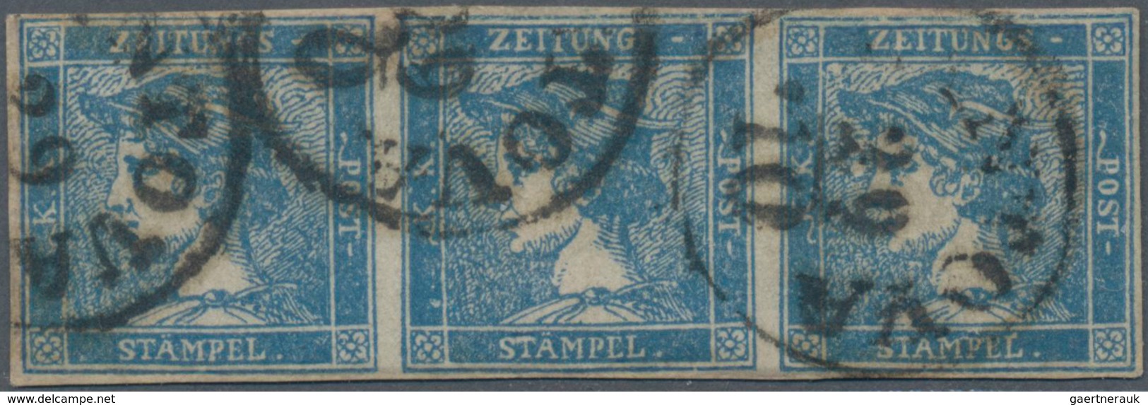 Österreich - Lombardei Und Venetien - Zeitungsmarken: 1850, Blauer Merkur Im Waagerechten 3er-Streif - Lombardy-Venetia