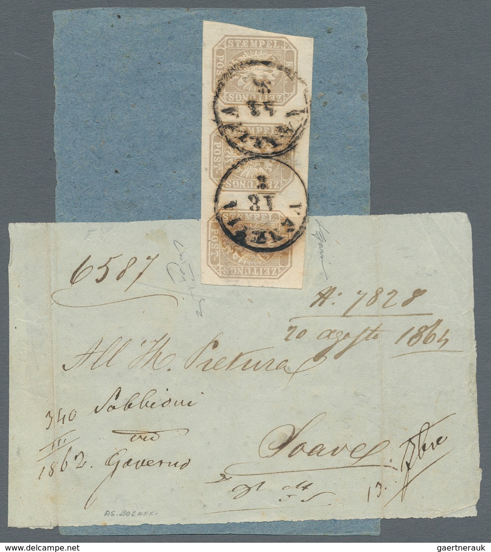 Österreich - Lombardei Und Venetien - Zeitungsmarken: 1863, (1.05) Graubraun Im Waagerechten 3er-Str - Lombardy-Venetia
