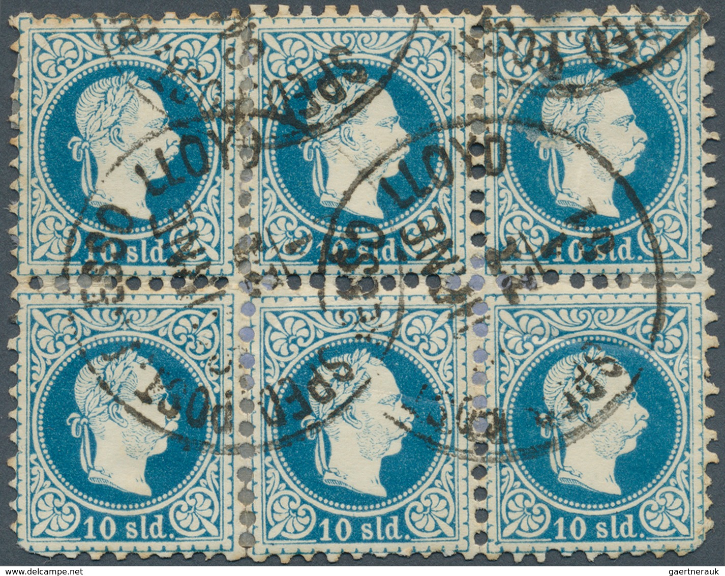 Österreichische Post In Der Levante: 1881, 10 Sld Im Waag. 6er-Block (1 Mke Oben Zahnausriß) M. 2x K - Oostenrijkse Levant
