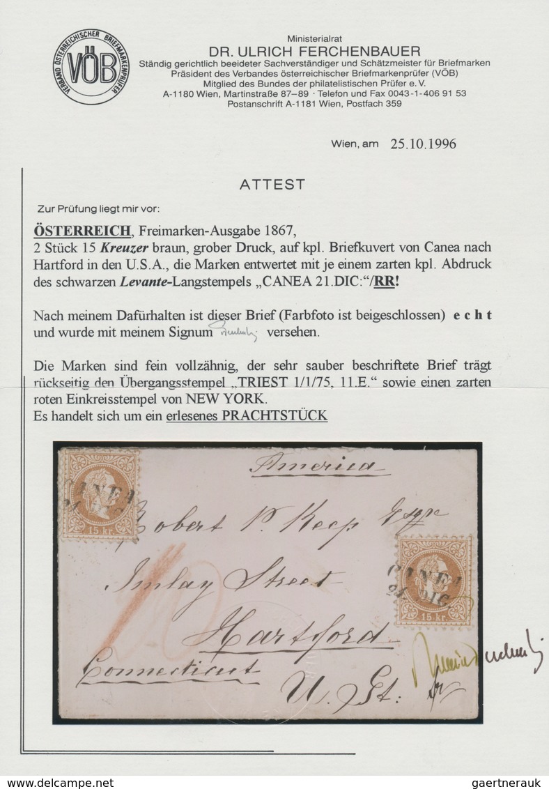 Österreichische Post In Der Levante: 1875, Österreich 15 Kr. Gelbbraun, Grober Druck, Zwei Werte Auf - Oostenrijkse Levant