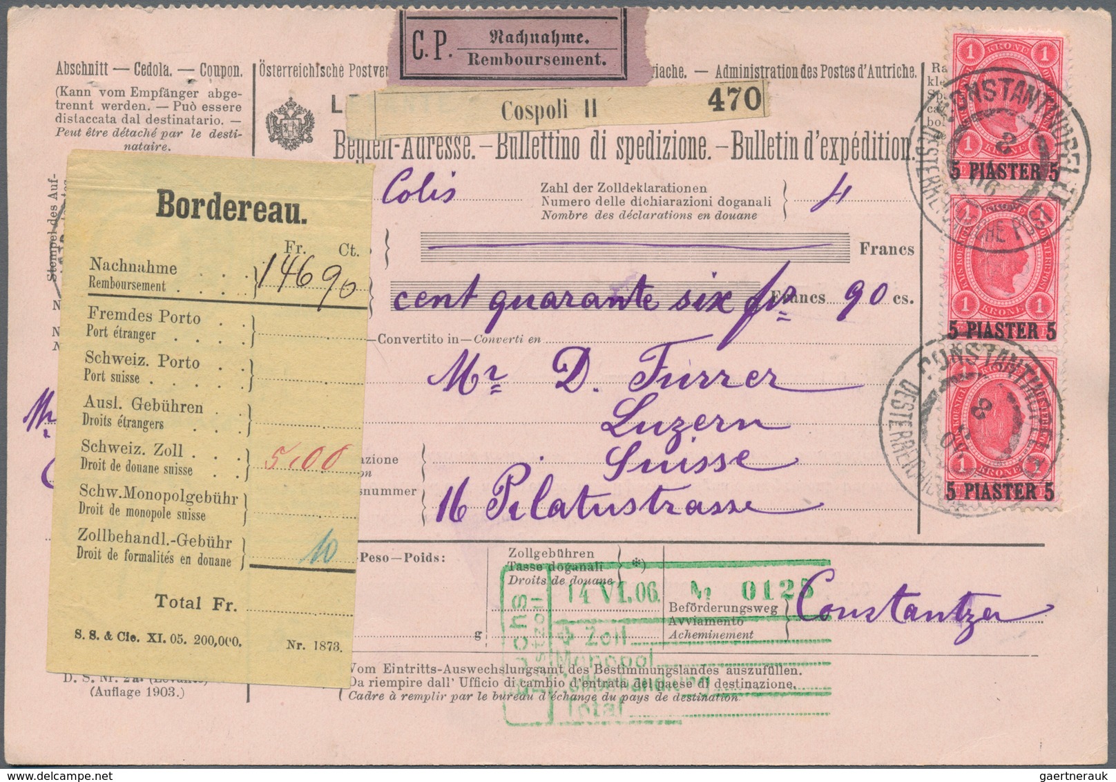 Österreichische Post In Der Levante: 1900, 5 Pia A. 1 Kr Lilarot, Senkrechter 3er-Streifen Als MeF A - Oostenrijkse Levant