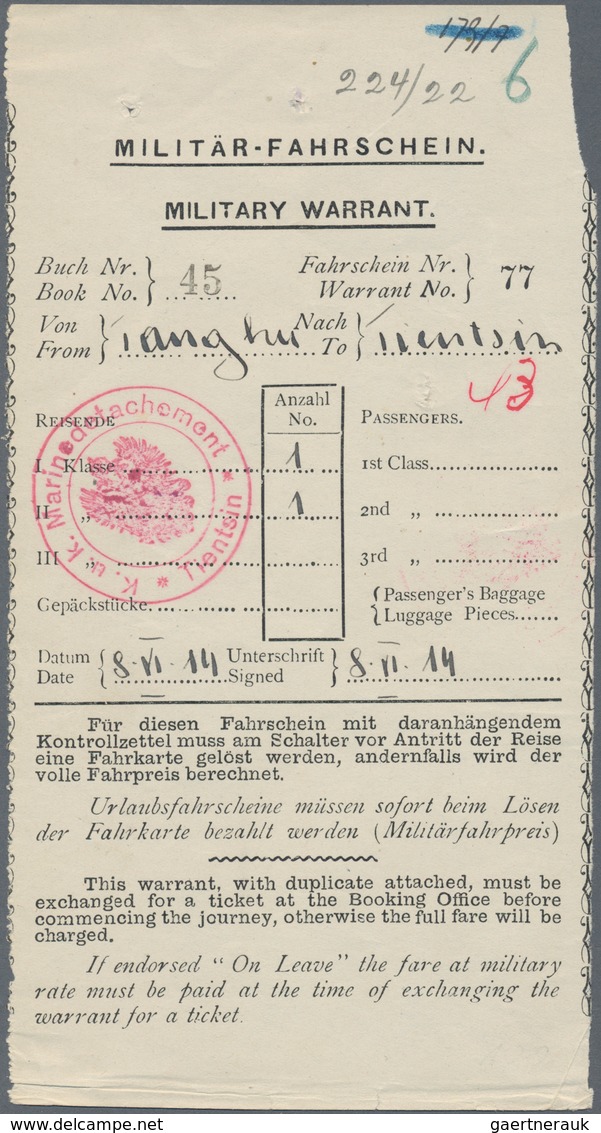 Österreich - Ungarische Post In China: 1914, MILITÄR-FAHRSCHEIN (Military Warrant), Zweisprachig (de - Other & Unclassified