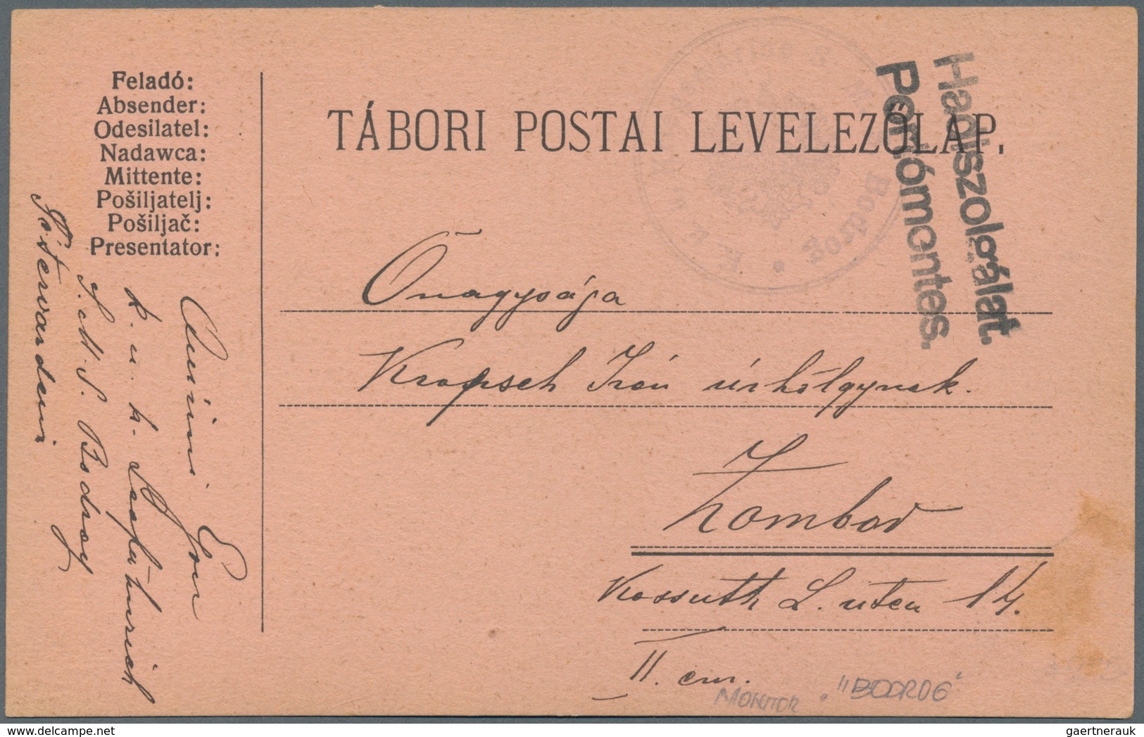 Österreich - Militärpost / Feldpost: 1915. AUSTRO-HUNGARIAN NAVY WWI. 1915, “TABORI POSTAI LEVELEZOL - Other & Unclassified