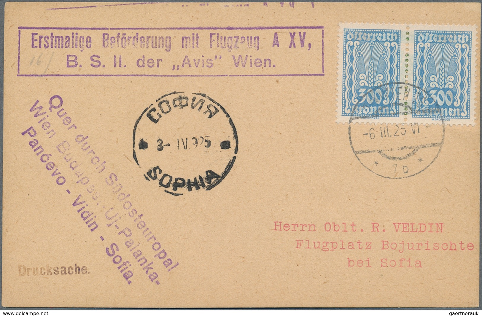 Österreich - Flugpost: 1925, 300 Kr. Blau Im Waagerechten Par Auf Flugpostkarte Ab "WIEN 6.III.25" N - Other & Unclassified