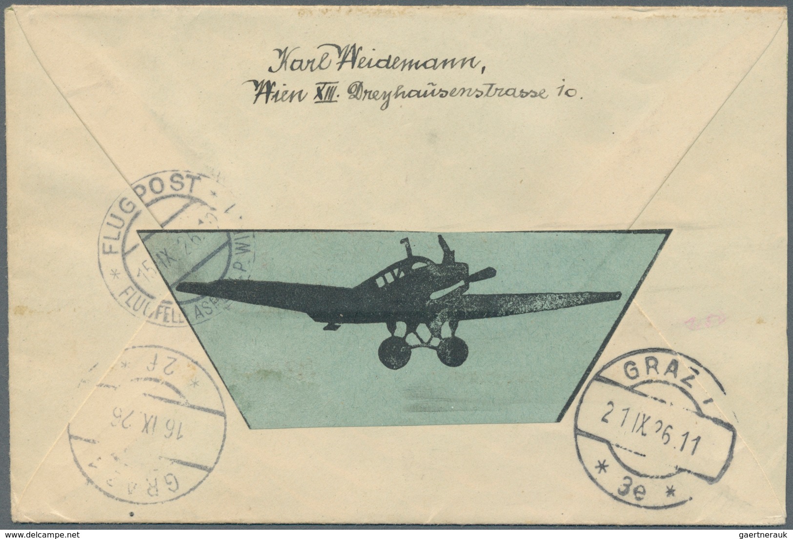 Österreich - Flugpost: 1926, Erstflug Wien-Graz A "FLUGPOST 15.IX.28 FLUGFELD ASPERN B. WIEN". Rücks - Andere & Zonder Classificatie