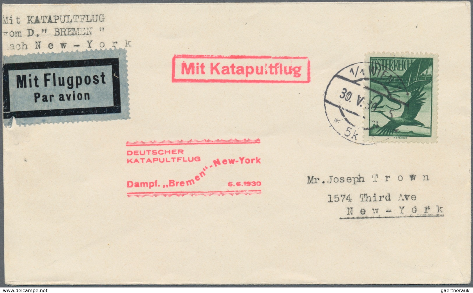 Österreich - Flugpost: 1930, Katapultpost, Vertragsstaaten: Brief Ab WIEN Mit Rotem Bestätigungsstem - Autres & Non Classés