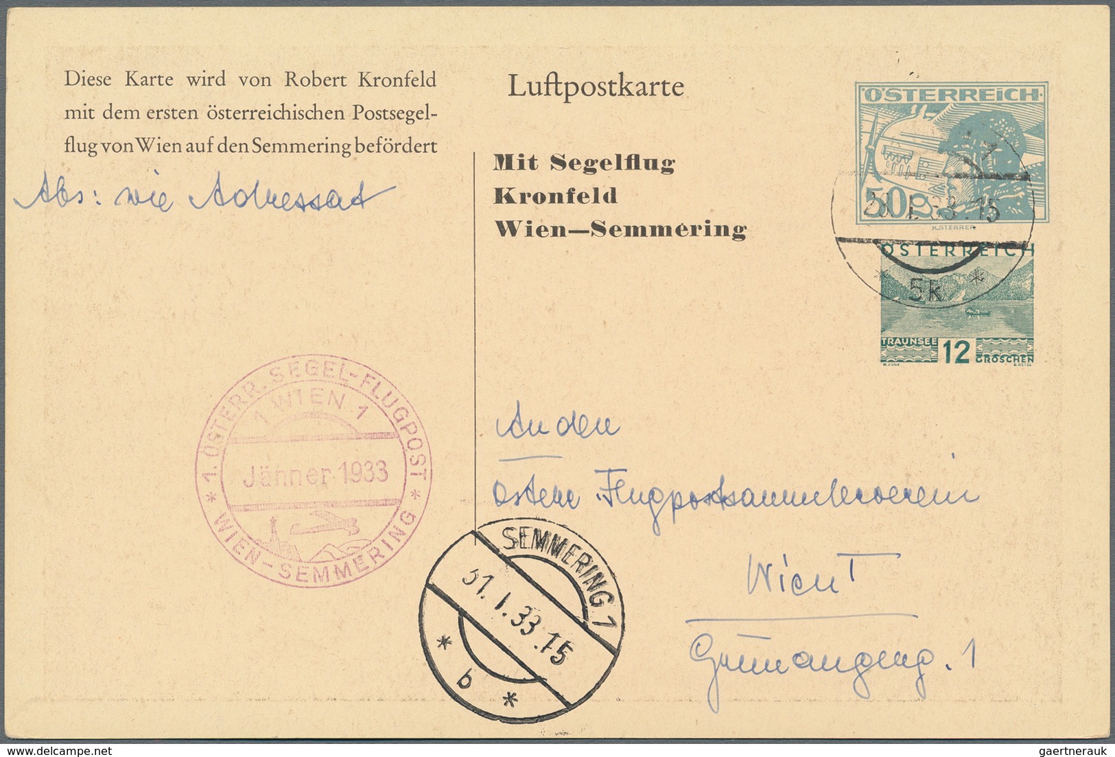 Österreich - Flugpost: 1933, Kronfeld-Segelflug Wien-Semmering, Privat-Bild-Ganzsachenkarte 50 Gr.+1 - Other & Unclassified