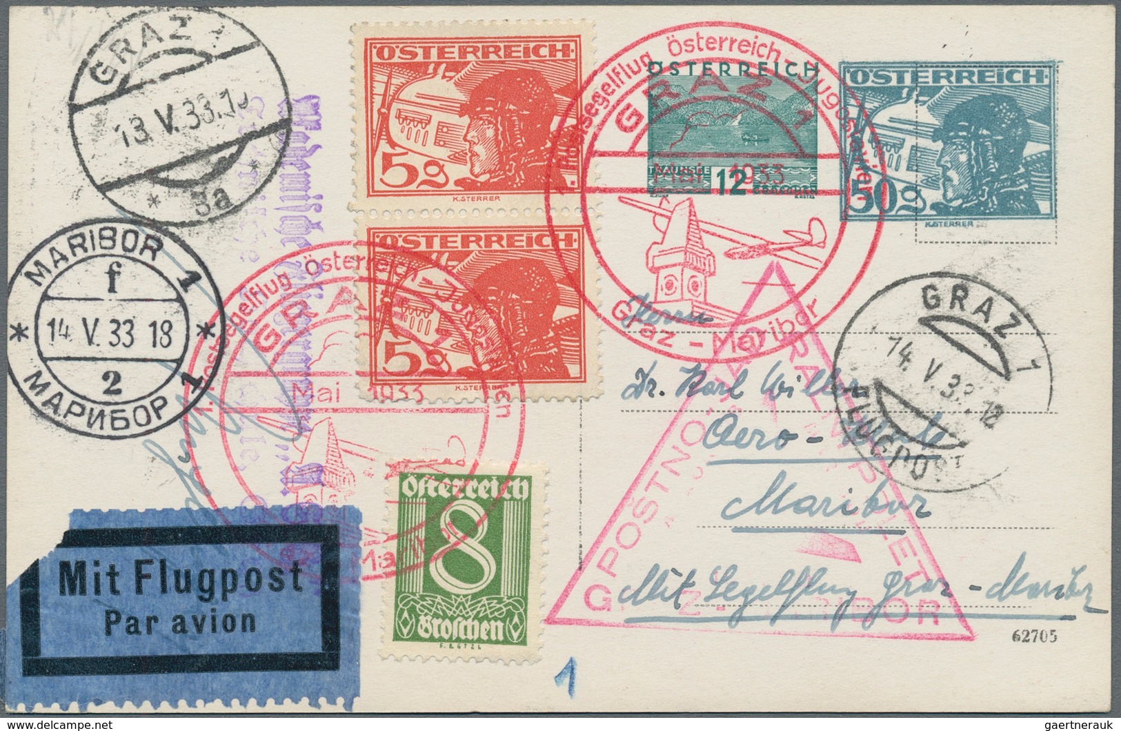 Österreich - Flugpost: 1933, 14.5., Postsegelflug Graz-Maribor, Bildkarte Als Privat-Ganzsache Mit Z - Autres & Non Classés