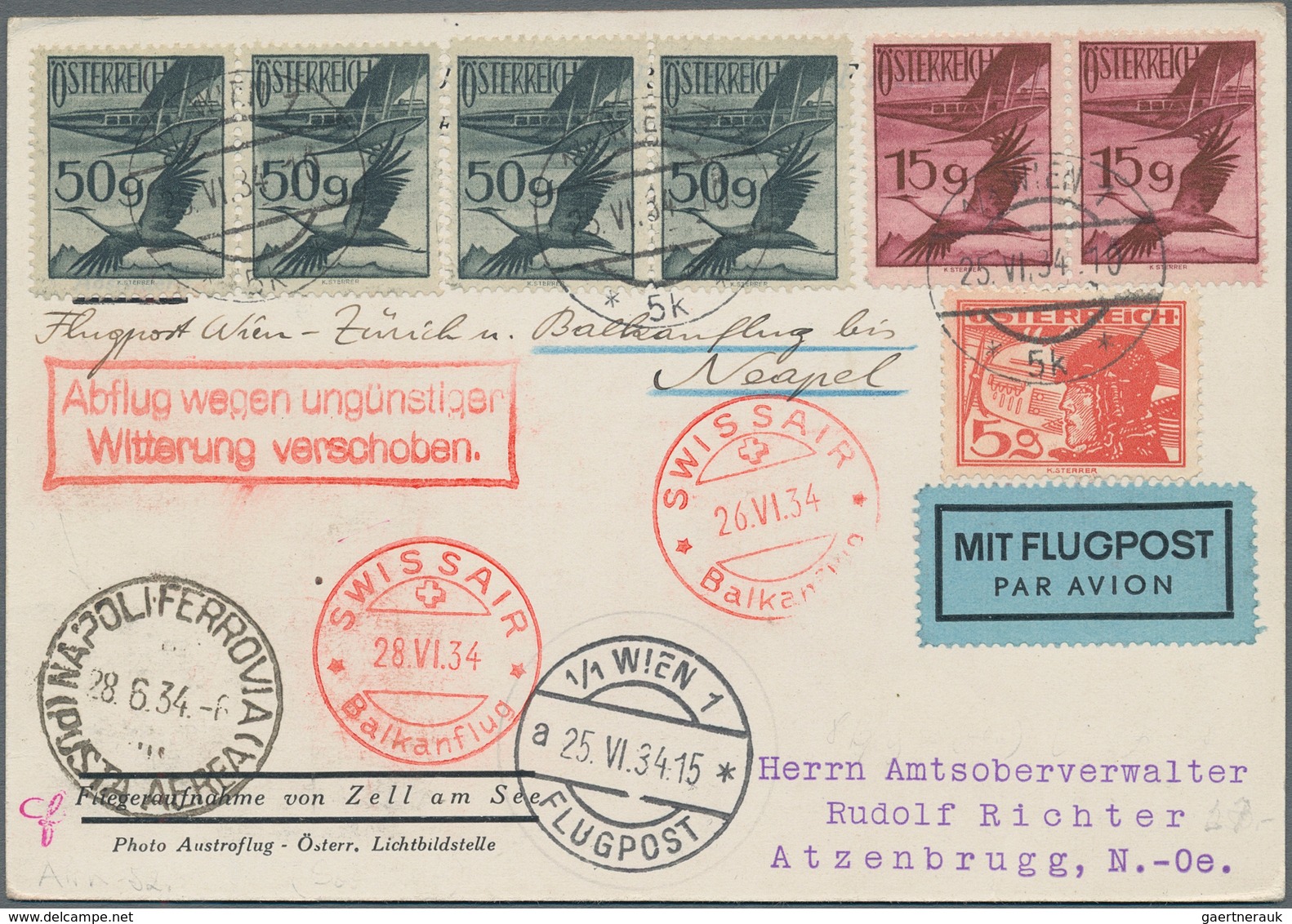 Österreich - Flugpost: 1934, Karte Mit Bunter Flugpost-Frankatur Ab "WIEN 25.VI.34" Via Zürich Und P - Andere & Zonder Classificatie