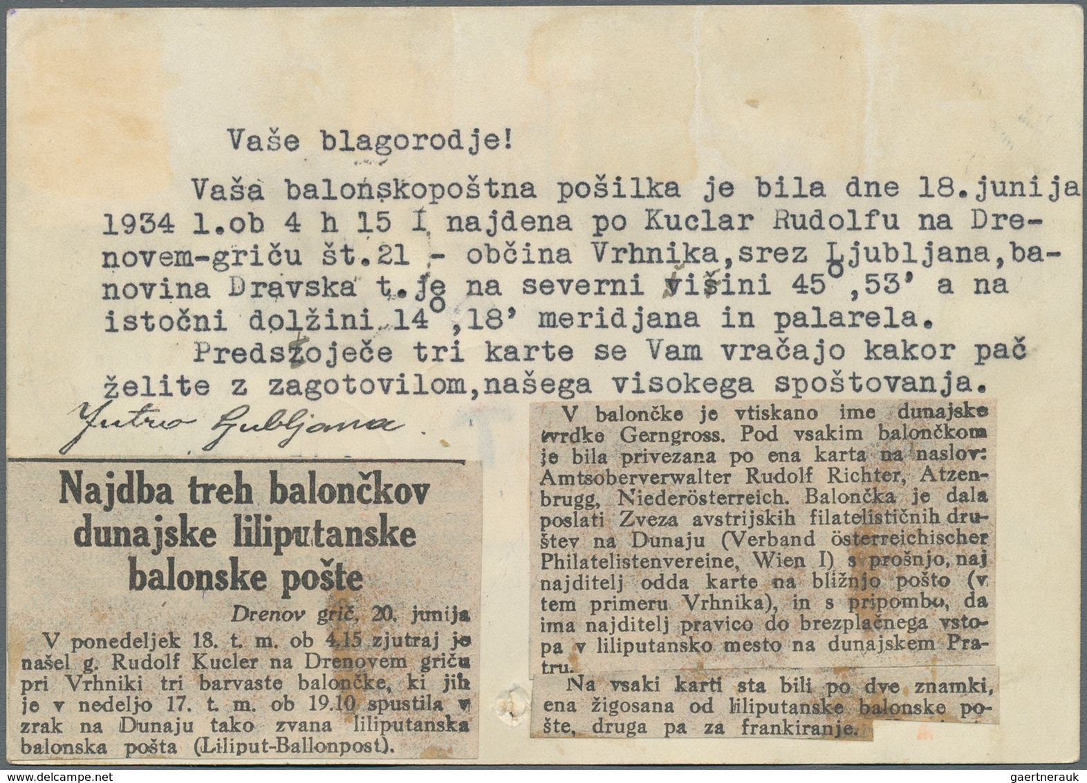 Österreich - Flugpost: 1934, 17.6., Liliput-Ballonpost, Karte Ab "WIEN 17.VI.34" Sowie Nebengesetzte - Other & Unclassified