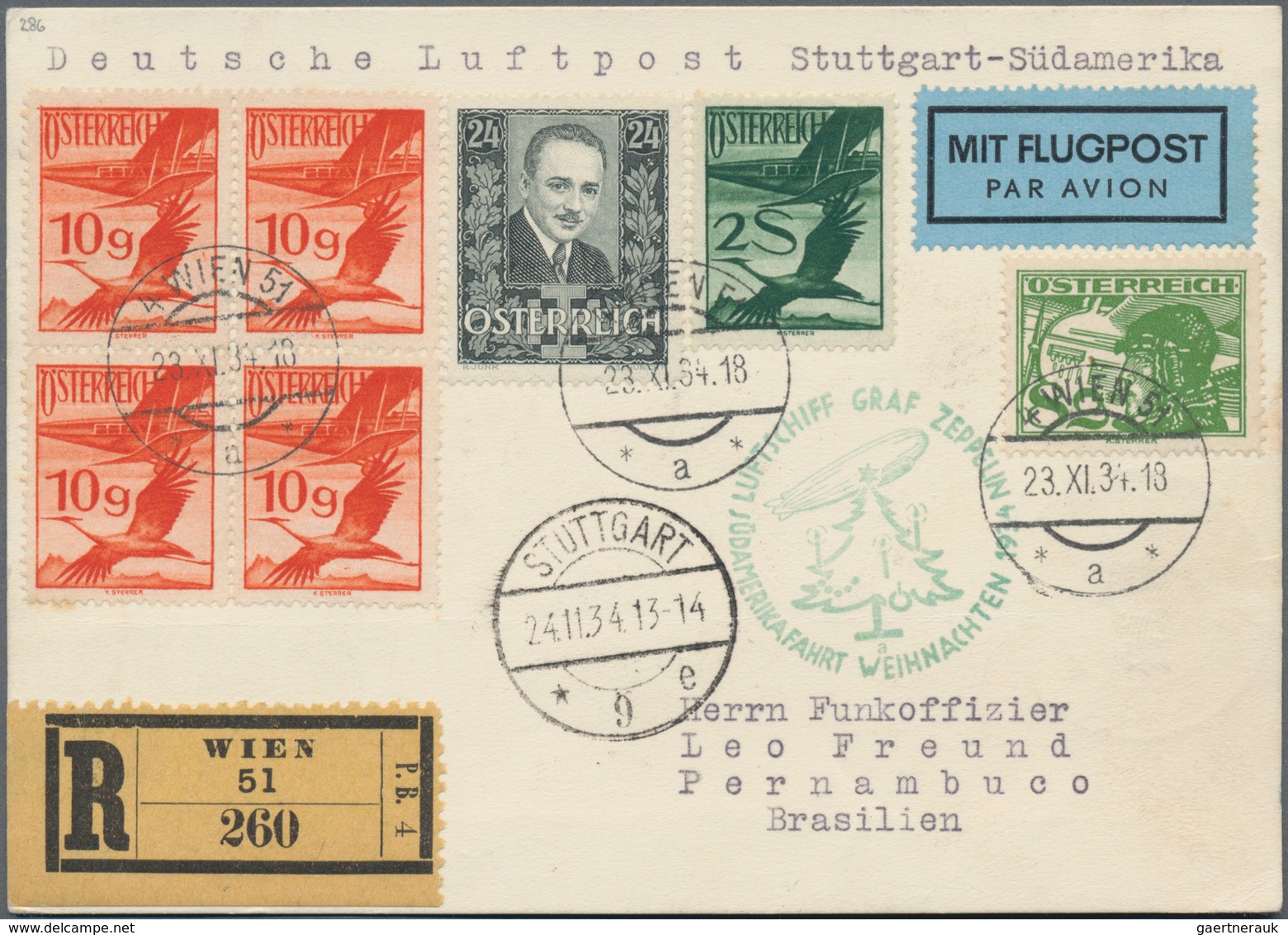 Österreich - Flugpost: 1934. Österreich/Weihnachtsfahrt: Reco-Karte Wien-Stuttgart-Fhfn "a"-Pernambu - Other & Unclassified