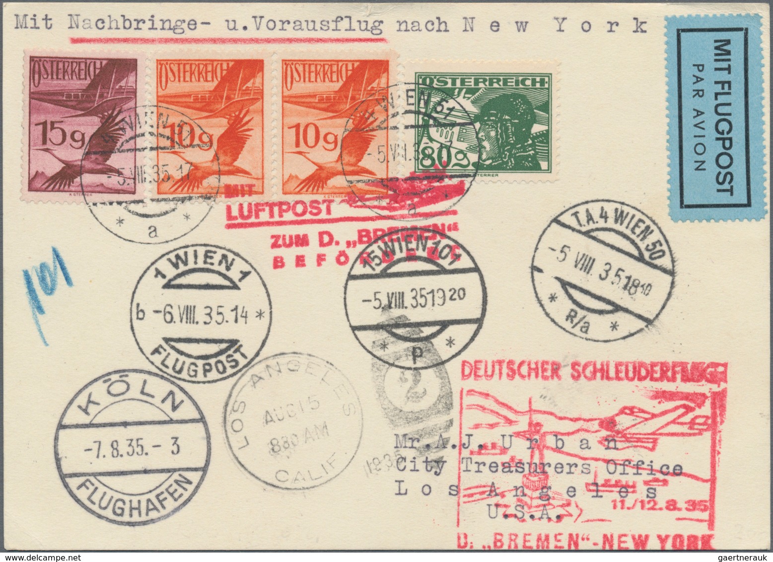 Österreich - Flugpost: 1935, Katapultpost, Vertragsstaaten: Postkarte Ab WIEN Mit Rohrpost-Minutenst - Other & Unclassified