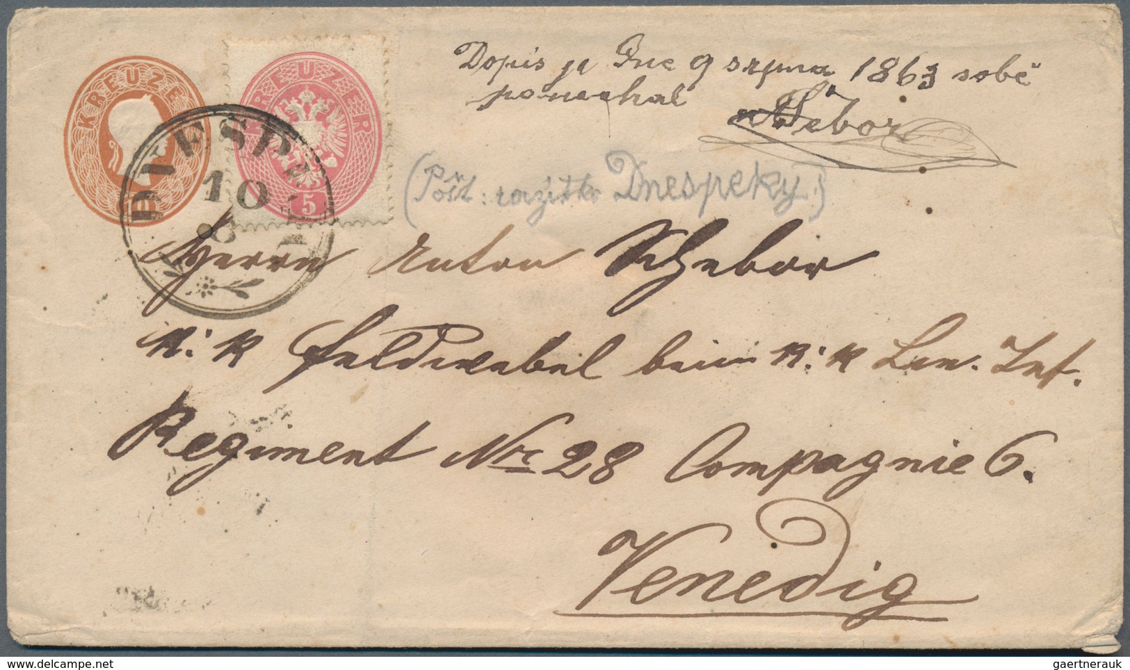 Österreich - Ganzsachen: 1861, 10 Kreuzer Ganzsache Und 5 Kr, Entwertet "DNESPEKY" Nach Venedig, Sen - Andere & Zonder Classificatie