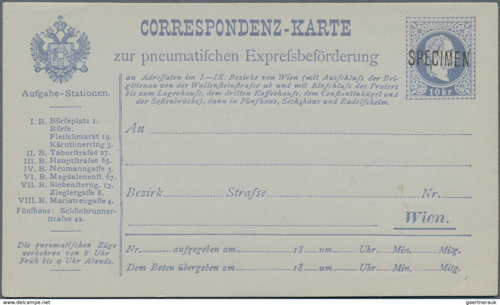 Österreich - Ganzsachen: 1880, 10 Kr Blau Rohrpost-Ganzsachenkarte Mit Aufdruck SPECIMEN Ungebraucht - Otros & Sin Clasificación