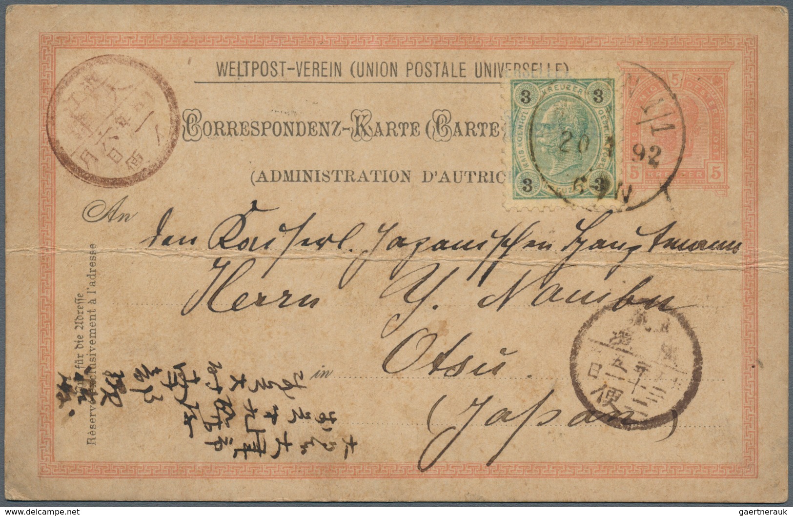 Österreich - Ganzsachen: 1892, 5 Kr. Ganzsachenkarte Mit Zusatzfrankatur 3 Kr. Als Seltenes 8 Kr. Po - Otros & Sin Clasificación