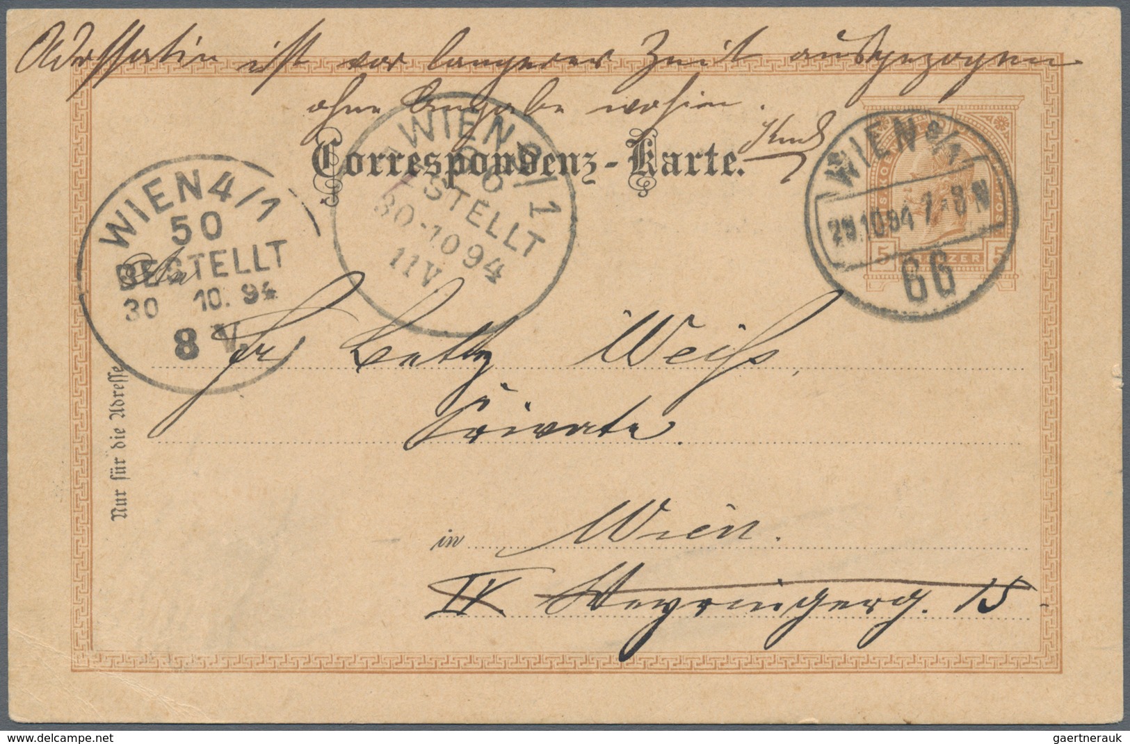 Österreich - Ganzsachen: 1894, FEHLDRUCK 5 Kreuzer Braun Ganzsachenkarte, Rückseitig Zudruck "Lehman - Otros & Sin Clasificación