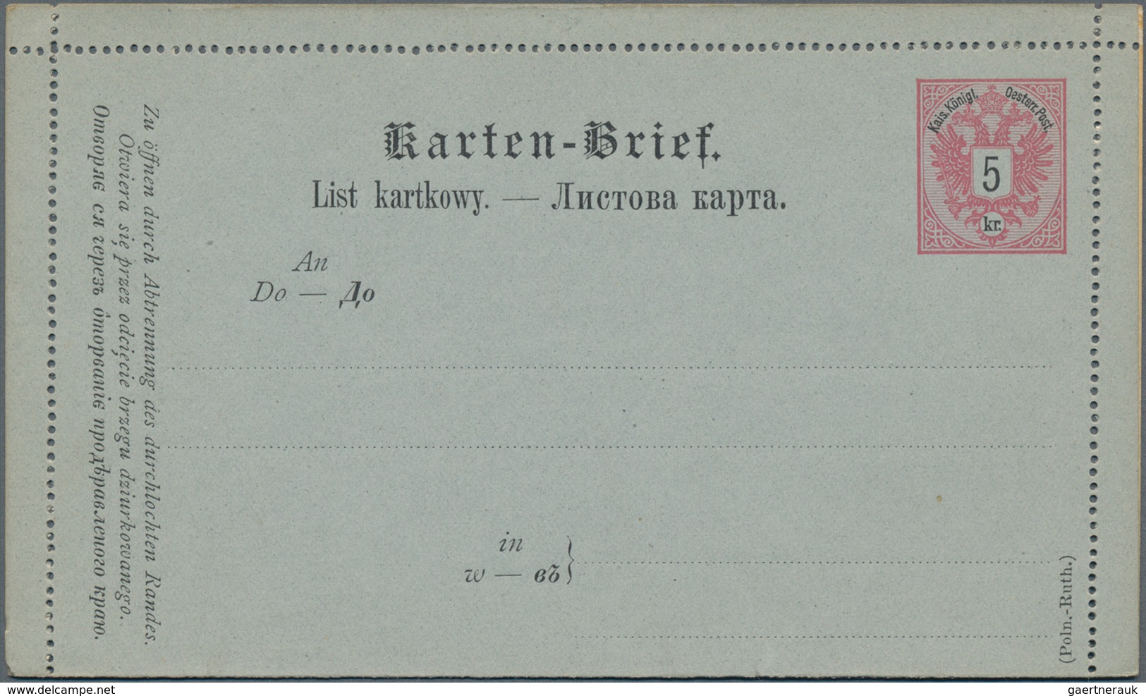 Österreich - Ganzsachen: 1894 Ungebrauchter Kartenbrief Poln.-Ruth. 5 Kr. Schwarz Auf Hellrosa/grau, - Otros & Sin Clasificación