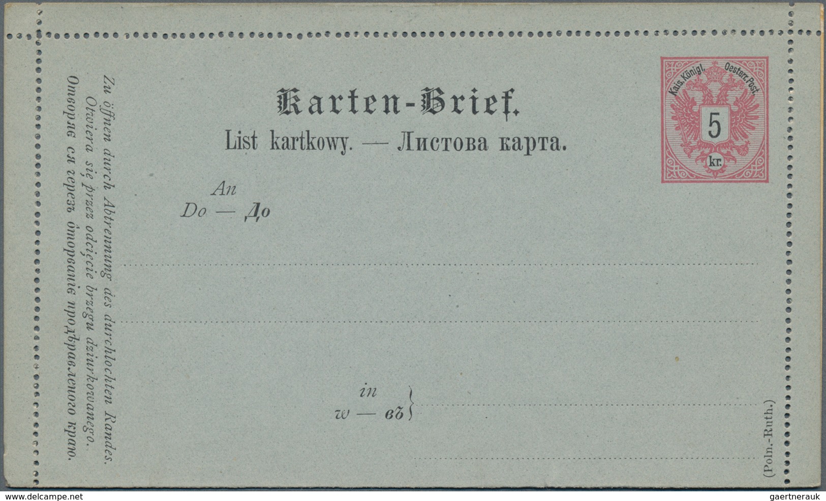 Österreich - Ganzsachen: 1894 Ungebrauchter Kartenbrief Poln.-Ruth. 5 Kr. Schwarz Auf Hellrosa/grau, - Other & Unclassified