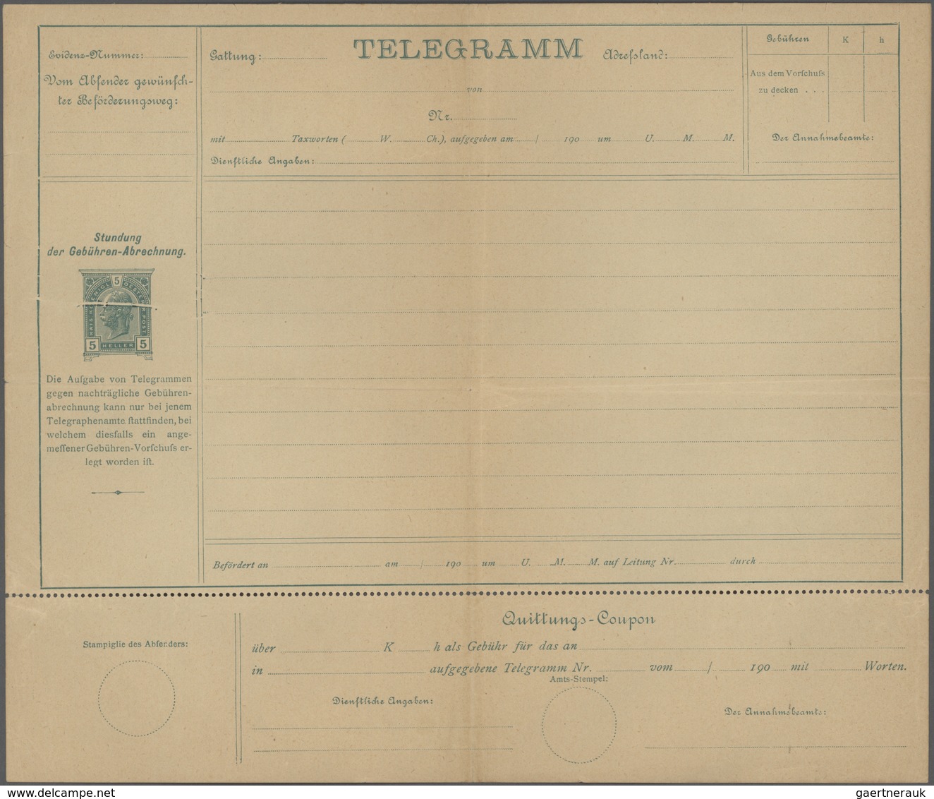 Österreich - Ganzsachen: 1900 Ungebrauchtes Telegrammblatt 5 Heller Grün Auf Sämisch, Herstellungsbe - Otros & Sin Clasificación