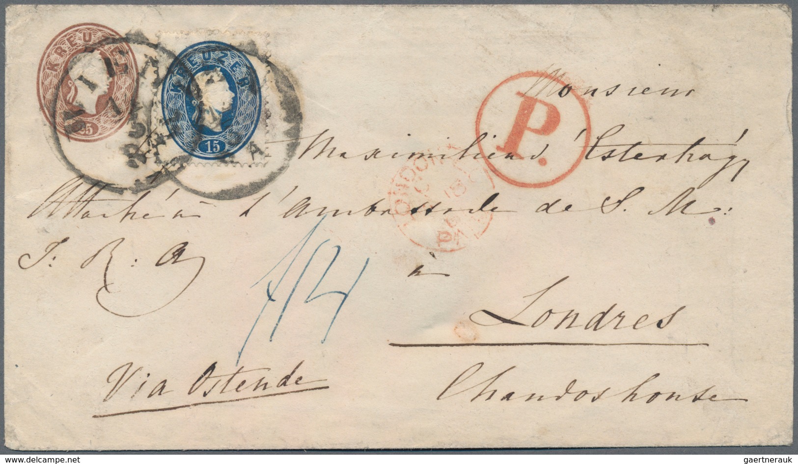 Österreich - Ganzsachen: 1864, Ganzsachenumschlag 25 Kr. Violett Mit Zusatzfrankatur 15 Kr. Blau Von - Andere & Zonder Classificatie