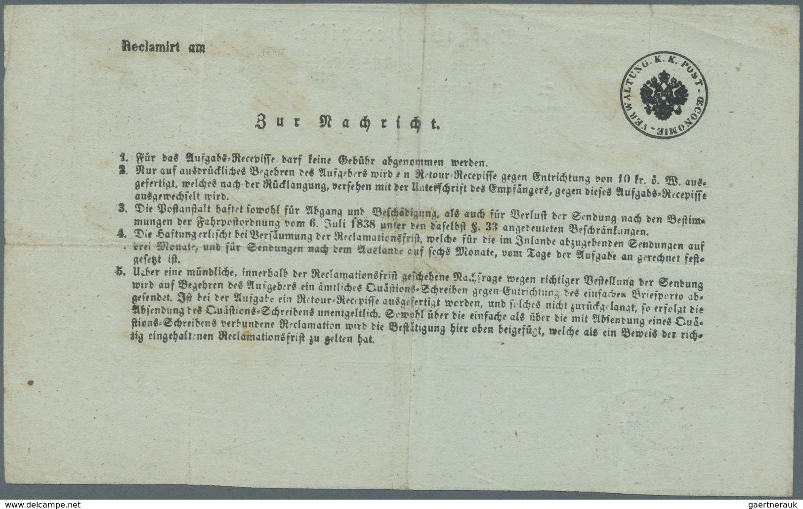 Österreich - Besonderheiten: 1859, “Aufgabe Recepisse” (Drucksorte Nr. 420) Für Einen 7/8 Loth Schwe - Andere & Zonder Classificatie