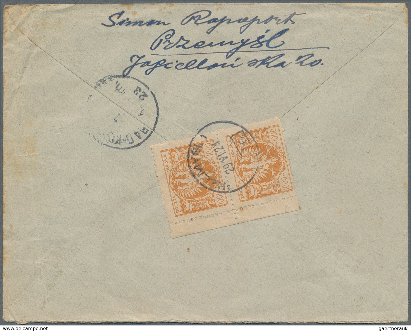 Polen: 1923, 1000m. Brownish Orange, Vertical Pair On Reverse Of Registered Cover From "PRZEMYSL 29. - Unused Stamps