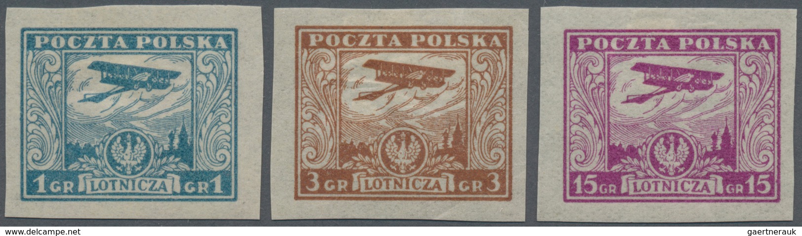 Polen: 1925, Airmail Issue ‚airplane Over Warsaw‘ 1gr. Pale Blue, 3gr. Brown And 15gr. Lilac In IMPE - Ongebruikt