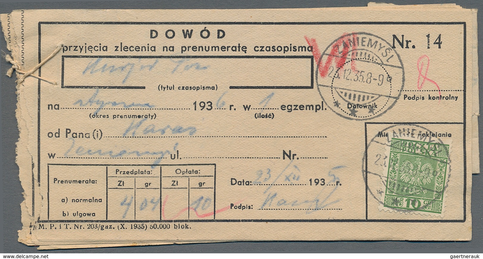 Polen: 1936 Six Bills For Acceptance Of An Order For Prenumerate Magazines With Single Franking Of 1 - Ongebruikt