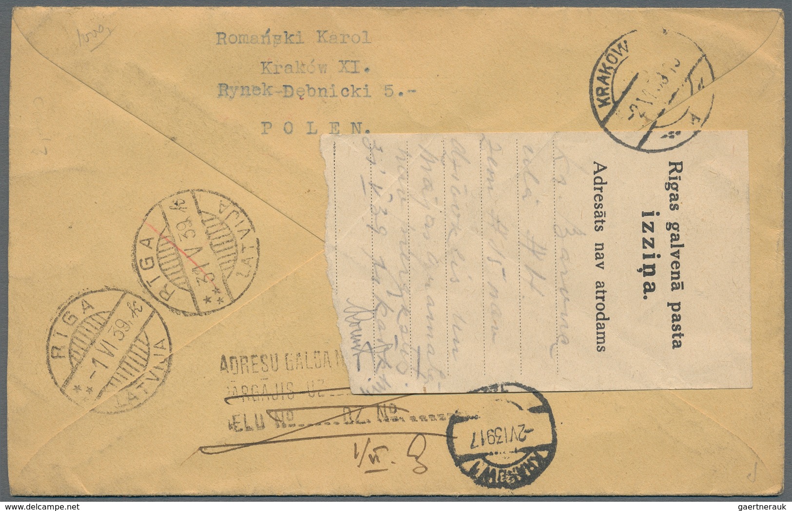 Polen: 1939 Registered Letter From Krakow Submitted To Exchange Control And Labelled There To Riga, - Ongebruikt