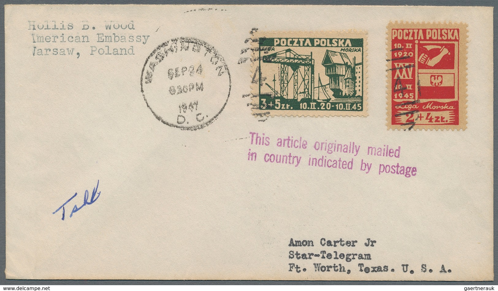 Polen: 1945 Courier Letter For Embassy Staff, From Warsaw To Fort Worth/USA, The Post Was First Stam - Unused Stamps