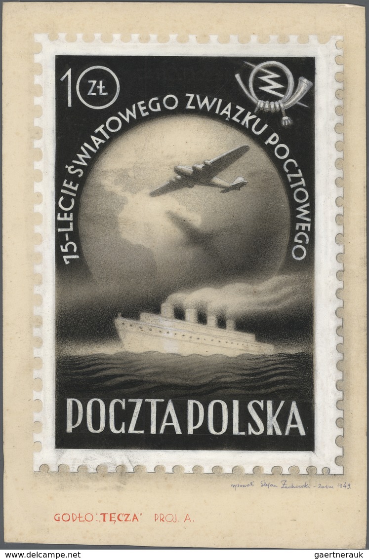 Polen: 1949. Set Of 3 Artist's Drawings For Non-adopted Designs For The Issue UPU 75th ANNIVERSARY S - Ongebruikt