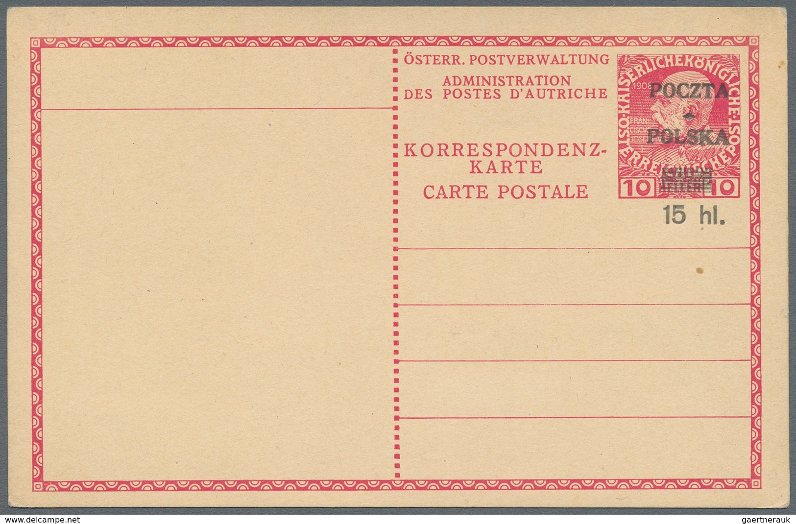 Polen - Ganzsachen: 1919 Unused Postal Stationery Card, Original Card Of Austria P 217 With Overprin - Postwaardestukken