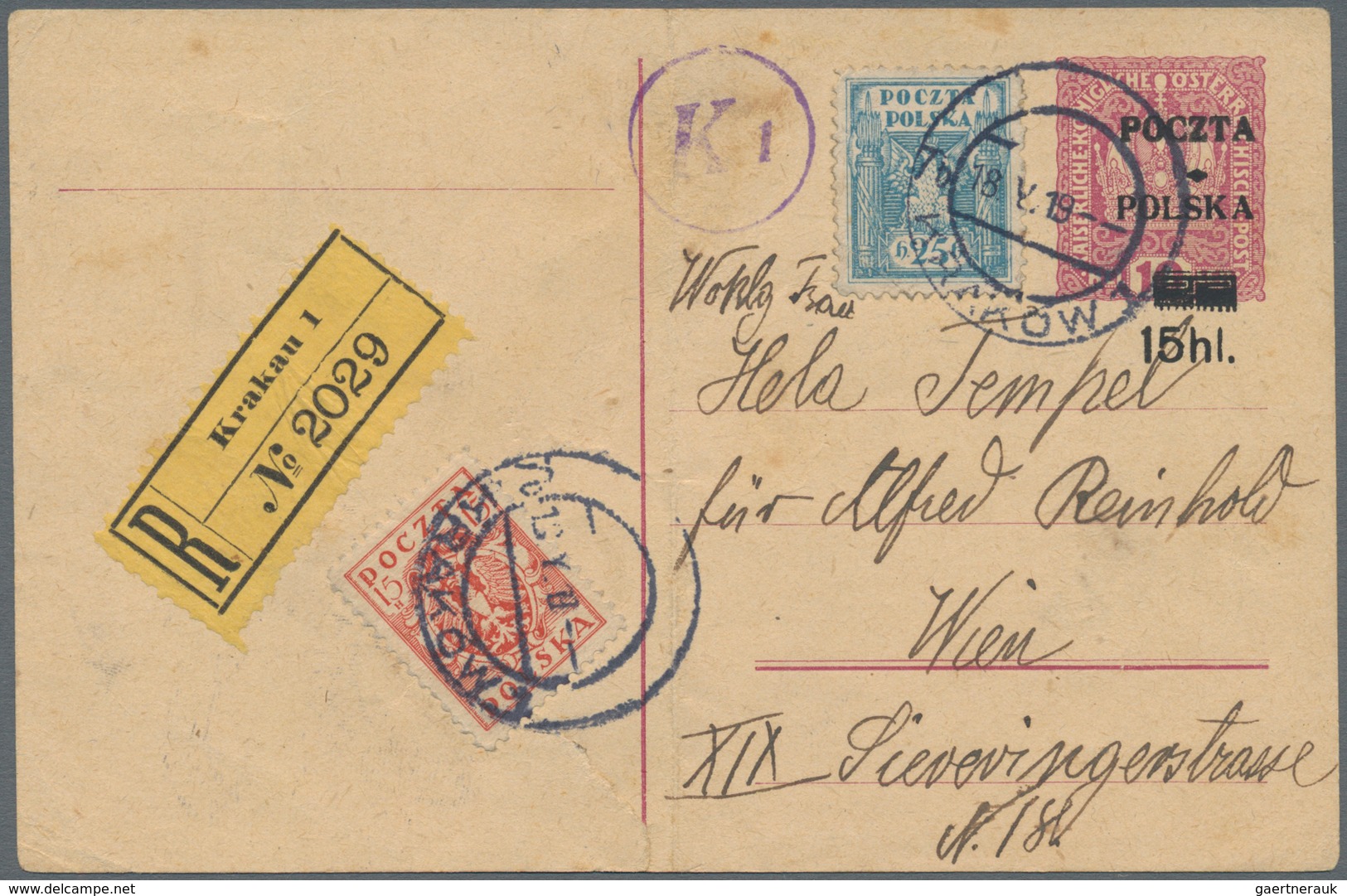 Polen - Ganzsachen: 1919, 15hl. On 10h. Carmine/cream, Stationery Card (faults/postal Wear) Uprated - Postwaardestukken