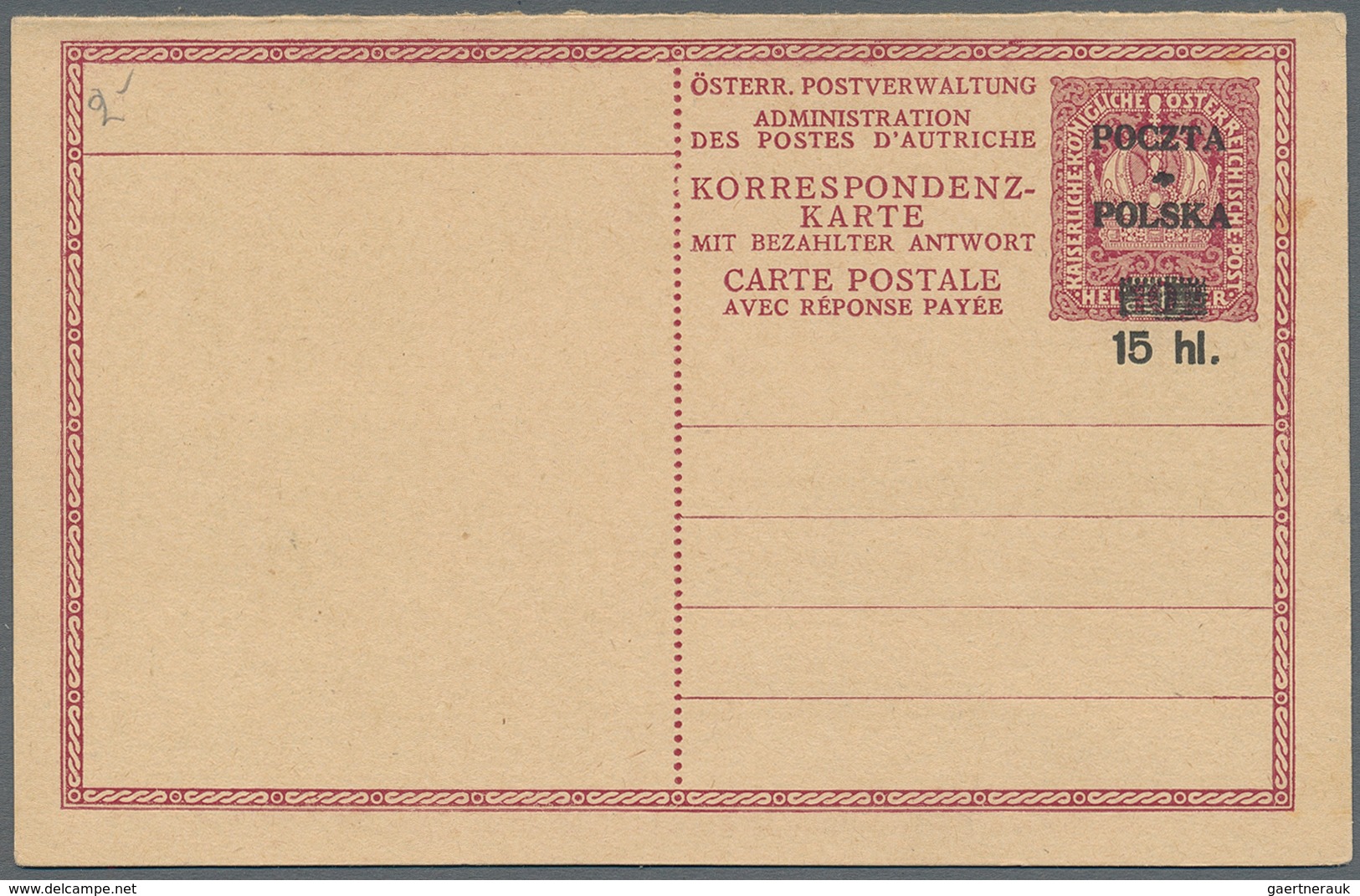 Polen - Ganzsachen: 1919 Unused And Revalued Postal Stationery Card, Original Card From Austria P 23 - Stamped Stationery