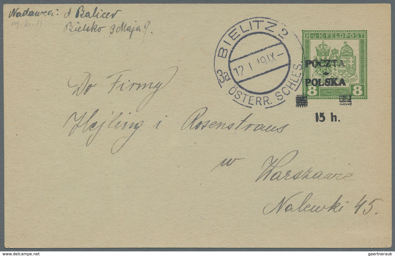Polen - Ganzsachen: 1919 Commercially Used And Revalued Postal Stationery Card, Original Card From A - Stamped Stationery