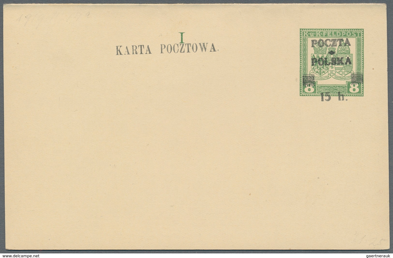 Polen - Ganzsachen: 1919 Unused And Revalued Postal Stationery Card, Original Card From Austria FP 4 - Stamped Stationery