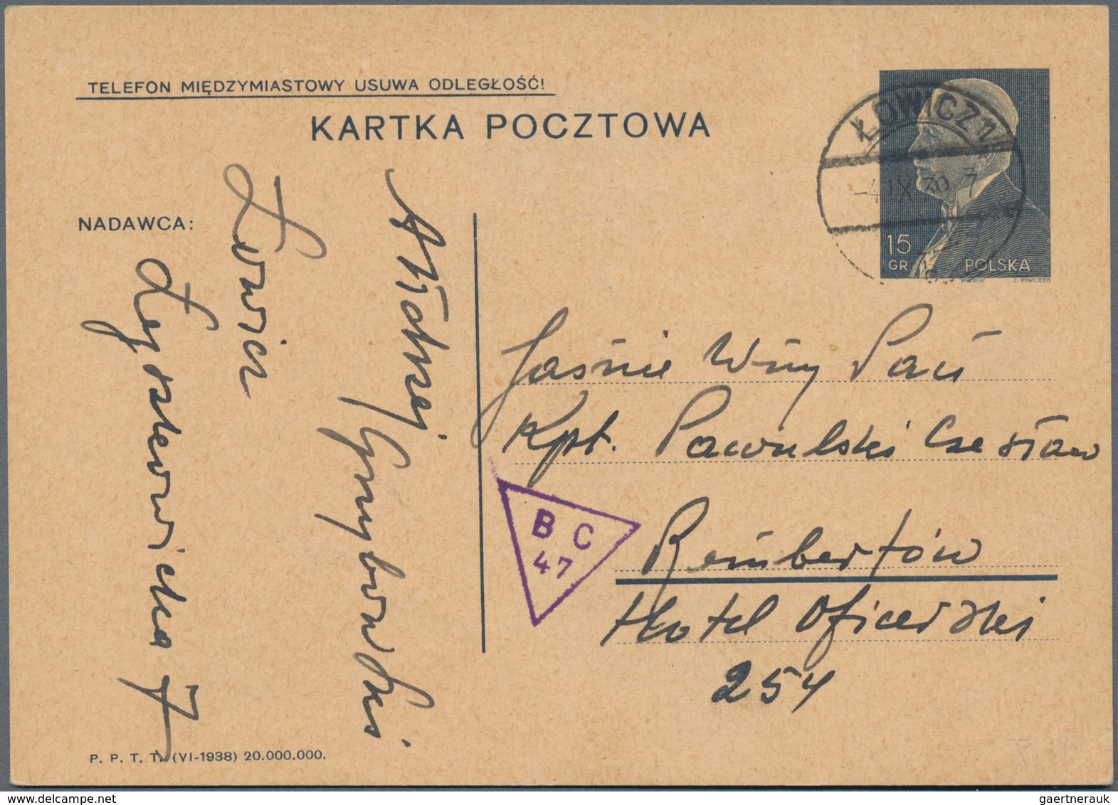 Polen - Ganzsachen: 1939, 15 Gr. Stat. Card Written 2 SEP. 39 And Posted From "LOWICZ 4. IX.39" With - Entiers Postaux