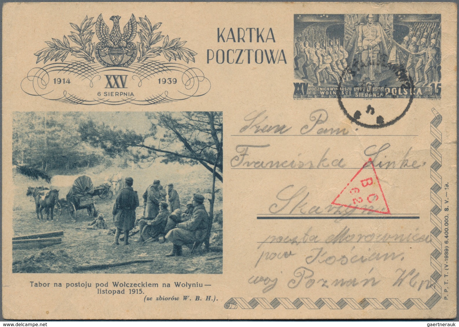 Polen - Ganzsachen: 1939, 15 Gr, Picture Stationery Card Posted From STANISLAWOW 3. IX.39" To Skarzy - Postwaardestukken